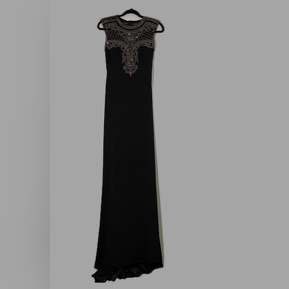 Precious Formals Black Maxi Dress with silver pearl Detailing size 2